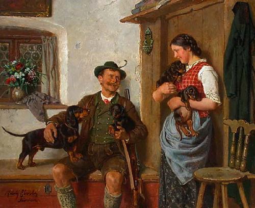 unknow artist Die Dackelfamilie mit Jager und Magd oil painting image